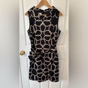 Talbots Black Tan Retro Mod Sleeveless Geometric Print Midi Dress Sash Size 12P